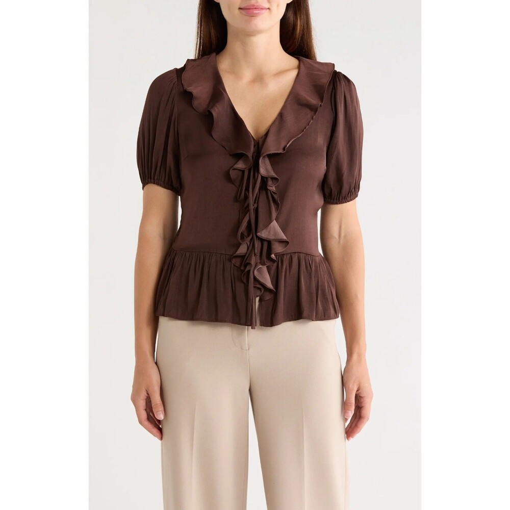 New T. Tahari Cocoa Bean Puff Sleeve Ruffle Peplum Top Size XL